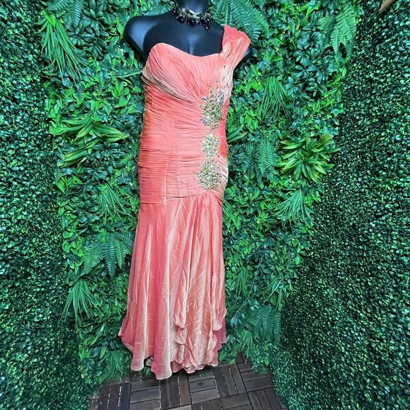 MAY QUEEN Dress Women 12 Orange Formal Mermaid Layered Hem Pleated Stoned 1650 - Picture 9 of 13